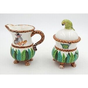 Lynn Chase JUNGLE JUBILEE Hand Painted Creamer & Covered Sugar Bowl Set 2006